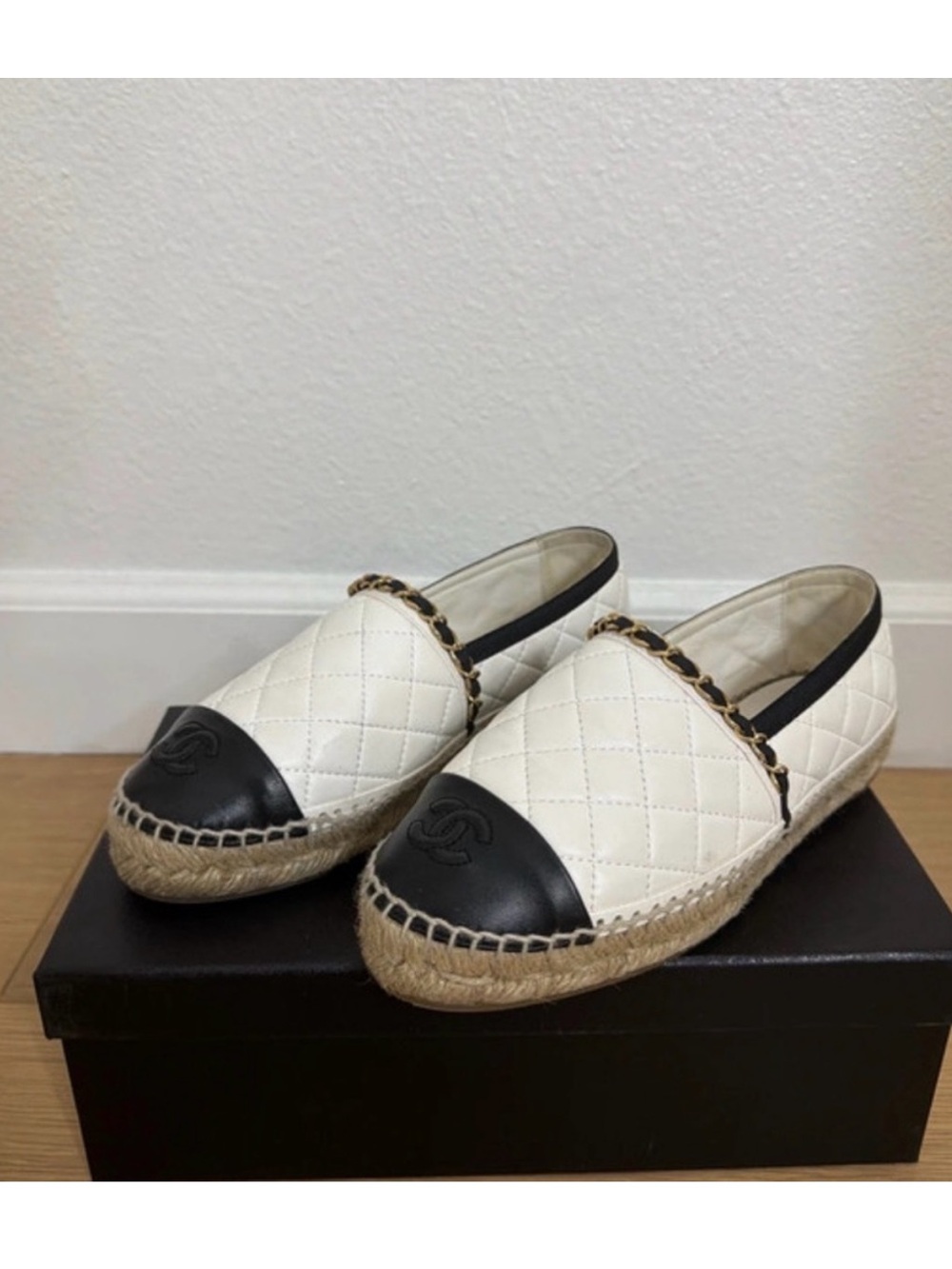 CHANEL White Quilted Leather Espadrilles with Black Toe Cap